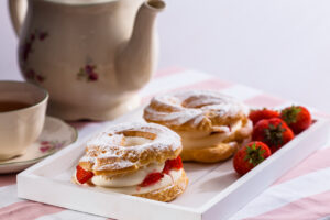 fresh pastries pastry strawberries cream custard pink red white tea time